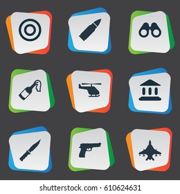 Vector Illustration Set Of Simple Battle Icons. Elements Molotov, Pistol, Cold Weapon And Other Synonyms Plane, Gun And Arm.