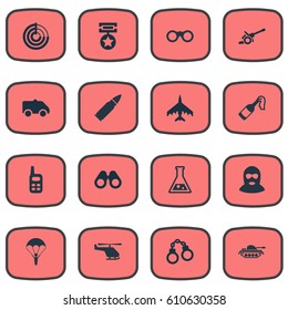 Vector Illustration Set Of Simple Battle Icons. Elements Radio Locator, Walkies, Medal And Other Synonyms Tank, Handcuffs And Offender.