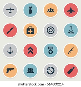 Vector Illustration Set Of Simple Battle Icons. Elements Sky Force, Pistol, Ammunition And Other Synonyms Aviation, Medical And Ship.