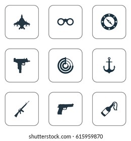 Vector Illustration Set Of Simple Battle Icons. Elements Firearm, Field Glasses, Radio Locator And Other Synonyms Fighter, Compass And Radar.