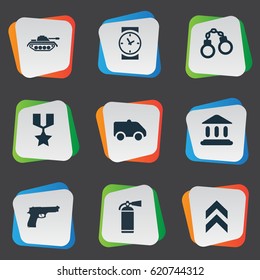 Vector Illustration Set Of Simple Battle Icons. Elements Emergency, Extinguisher, Watch And Other Synonyms Pistol, Tank And Arm.