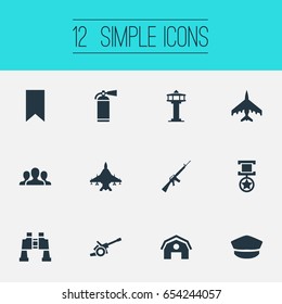Vector Illustration Set Of Simple Battle Icons. Elements Pursuit Plane, Hat, Rifle Gun And Other Synonyms Storage, Bookmark And Howitzer.