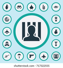 Vector Illustration Set Of Simple Battle Icons. Elements Walkie-Talkie, Gas Mask, Aircraft And Other Synonyms Ratio, Prisoner And Sharpshooter.