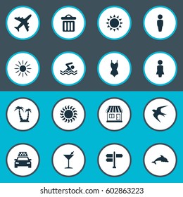 Vector Illustration Set Of Simple Beach Icons. Elements Swimming Man, Palm, Mammal Fish And Other Synonyms Party, Direction And Crossroad.