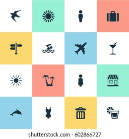 Vector Illustration Set Of Simple Beach Icons. Elements Male, Beverage, Store And Other Synonyms Aquatic, Junction And Freedom.