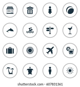 Vector Illustration Set Of Simple Beach Icons. Elements Male, Beach Games, Woman And Other Synonyms Baggage, Hot And Swimming.