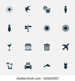 Vector Illustration Set Of Simple Beach Icons. Elements Taxi, Airplane, Hot And Other Synonyms Cocktail, Airplane And Sea.