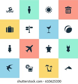 Vector Illustration Set Of Simple Beach Icons. Elements Mammal Fish, Sun, Swallow And Other Synonyms Gentleman, Palm And Swallow.