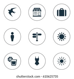 Vector Illustration Set Of Simple Beach Icons. Elements Crossroad, Sun, Bikini And Other Synonyms Hot, Beverage And Bikini.