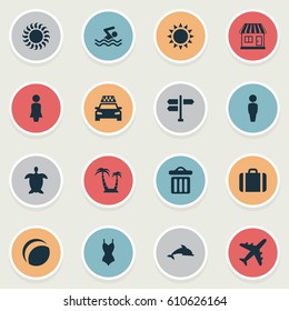 Vector Illustration Set Of Simple Beach Icons. Elements Palm, Sunlight, Male And Other Synonyms Gentleman, Tortoise And Beachwear.