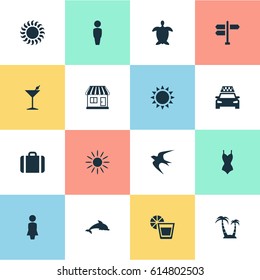 Vector Illustration Set Of Simple Beach Icons. Elements Cocktail, Mammal Fish, Store And Other Synonyms Cocktail, Island And Lemonade.