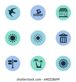 Vector Illustration Set Of Simple Beach Icons. Elements Sunlight, Garbage, Crossroad And Other Synonyms Sun, Crossroad And Holiday.