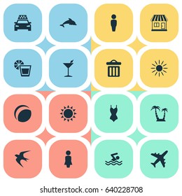 Vector Illustration Set Of Simple Beach Icons. Elements Woman, Airplane, Swimming Man And Other Synonyms Bar, Sun And Man.