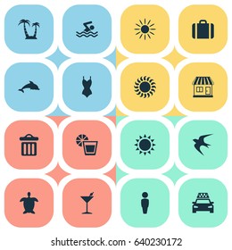 Vector Illustration Set Of Simple Beach Icons. Elements Tortoise, Cocktail, Palm And Other Synonyms Bar, Male And Dolphin.