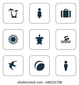 Vector Illustration Set Of Simple Beach Icons. Elements Male, Swimming Man, Woman And Other Synonyms Lady, Baggage And Beach.