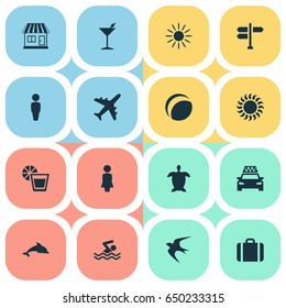 Vector Illustration Set Of Simple Beach Icons. Elements Mammal Fish, Crossroad, Beverage And Other Synonyms Junction, Tortoise And Sunlight.