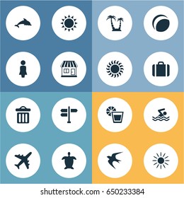 Vector Illustration Set Of Simple Beach Icons. Elements Store, Sunlight, Mammal Fish And Other Synonyms Airplane, Direction And House.