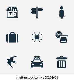 Vector Illustration Set Of Simple Beach Icons. Elements Woman, Hot, Store And Other Synonyms Garbage, Lady And Crossroad.