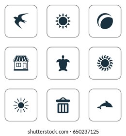 Vector Illustration Set Of Simple Beach Icons. Elements Swallow, Hot, Store And Other Synonyms Mammalian, Adventure And Aquatic.