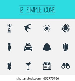 Vector Illustration Set Of Simple Beach Icons. Elements Male, Field Glasses, Bikini And Other Synonyms Beachwear, Store And Sunlight.