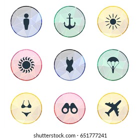 Vector Illustration Set Of Simple Beach Icons. Elements Sunlight, Swimsuit, Airplane And Other Synonyms Ship, Beachwear And Beach. Vector Illustration Set Of Simple Beach Icons. Elements Sunlight, Swimsuit, Airplane And Other Synonyms Ship, Beachwear And Beach.
