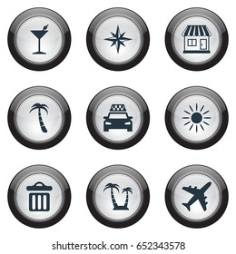 Vector Illustration Set Of Simple Beach Icons. Elements Exotic Plant, Airplane, Garbage And Other Synonyms Dustbin, Cocktail And Trip.