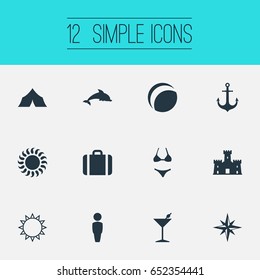 Vector Illustration Set Of Simple Beach Icons. Elements Sunrise, Mammal Fish, Sunlight And Other Synonyms Luggage, Swimsuit And Sunrise.