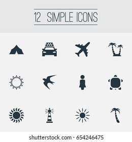 Vector Illustration Set Of Simple Beach Icons. Elements Hot, Sunrise, Turtle And Other Synonyms Beacon, Hot And Camping.