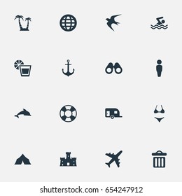 Vector Illustration Set Of Simple Beach Icons. Elements Ship Stop, Shelter, World And Other Synonyms Freedom, Trip And Airplane.