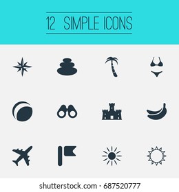 Vector Illustration Set Of Simple Beach Icons. Elements Swimsuit, Sunrise, Airplane And Other Synonyms Flag, Rose And Sunrise.
