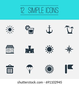 Vector Illustration Set Of Simple Beach Icons. Elements Summer Fun, Beverage, Hot And Other Synonyms Wind, Castle And Sunlight.