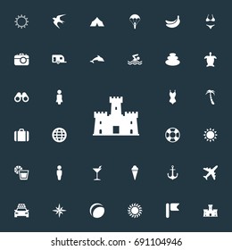Vector Illustration Set Of Simple Beach Icons. Elements Bikini, Caravan Camping, Cocktail And Other Synonyms Sunshine, Man And Field.