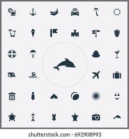 Vector Illustration Set Of Simple Beach Icons. Elements Photography, Beverage, Sunrise And Other Synonyms Lady, Anchor And Balance.