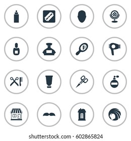 Vector Illustration Set Of Simple Beautician Icons. Elements Barber Tools, Supermarket, Glamour Lady And Other Synonyms Lady, Vial And Odor.