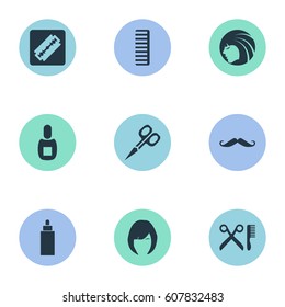 Vector Illustration Set Of Simple Beautician Icons. Elements Whiskers, Hair, Shaver And Other Synonyms Man, Bottle And Tube.