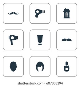 Vector Illustration Set Of Simple Beautician Icons. Elements Human, Beard, Premises And Other Synonyms Beard, Vial And Male.