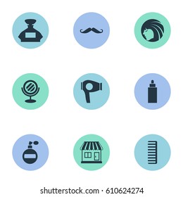 Vector Illustration Set Of Simple Beautician Icons. Elements Drying Machine, Glamour Lady, Scent And Other Synonyms Container, Hairdryer And Looking-Glass.