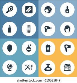 Vector Illustration Set Of Simple Beautician Icons. Elements Reflector, Aroma, Blow Dryer And Other Synonyms Bottle, Architecture And Supermarket.