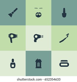 Vector Illustration Set Of Simple Beautician Icons. Elements Blusher, Varnish, Disposable And Other Synonyms Architecture, Disposable And Drying.