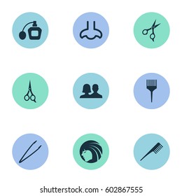Vector Illustration Set Of Simple Beauty Icons. Elements Crest, Comb, Customers And Other Synonyms Perume, Hairstylist And Shears.