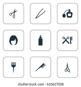Vector Illustration Set Of Simple Beauty Icons. Elements Scissors, Barbershop, Serum And Other Synonyms Pincers, Haircut And Perume.