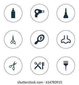 Vector Illustration Set Of Simple Beauty Icons. Elements Serum, Glass, Nail Polish And Other Synonyms Shears, Sence And Hairstylist.
