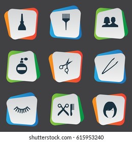 Vector Illustration Set Of Simple Beauty Icons. Elements Fragrance, Customers, Comb And Other Synonyms Haircut, Barber And Eyelashes.