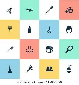 Vector Illustration Set Of Simple Beauty Icons. Elements Glass, Perfume, Customers And Other Synonyms Brush, Nose And Couple.