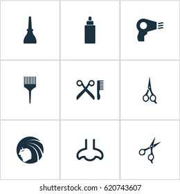 Vector Illustration Set Of Simple Beauty Icons. Elements Barbershop, Scissors, Serum And Other Synonyms Hairdresser, Comb And Bottle.