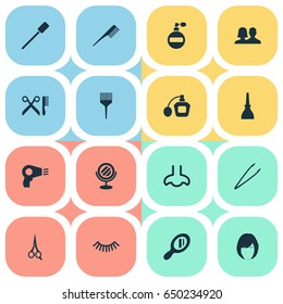 Vector Illustration Set Of Simple Beauty Icons. Elements Hairstyle, Eyelash Brush, Nail Polish And Other Synonyms Smell, Barber And Mascara.