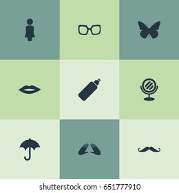 Vector Illustration Set Of Simple Beauty Icons. Elements Hand Care Procedure, Mirror, Spectacles Synonyms Umbrella, Beauty And Spectacles.