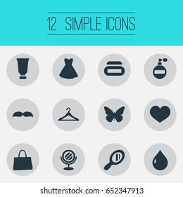 Vector Illustration Set Of Simple Beauty Icons. Elements Nature, Glass, Wardrobe And Other Synonyms Moisturizer, Liquid And Nature.
