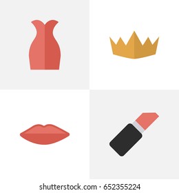 Vector Illustration Set Of Simple Beauty Icons. Elements Crown, Dress, Pomade And Other Synonyms Clothes, Crown And Lipstick.
