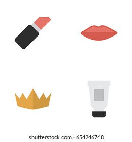 Vector Illustration Set Of Simple Beauty Icons. Elements Crown, Lips, Toothpaste And Other Synonyms Cosmetic, Pomade And Kiss.